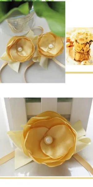 Siam Circus 8 pieces / lSatin and pearl bride wrist length flower hand flower bridesmaid artificial wedding supplies yellow wedding decoration brooch