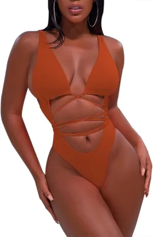 Sovoyontee 2025 Women's Sexy Cheeky One Piece Swimsuits High Cut Thong Bikini Bathing Suit Monokini