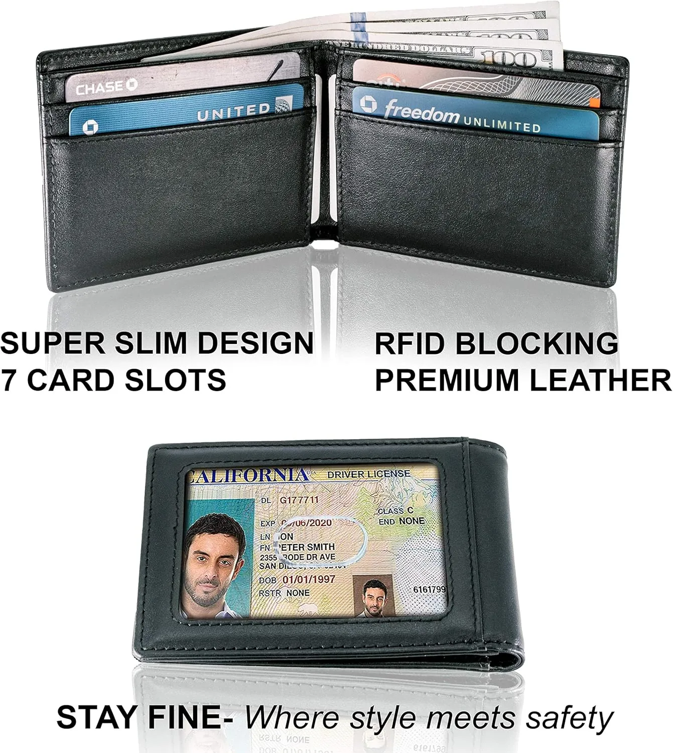 STAY FINE Minimalist Wallet for Men RFID Leather Bifold Slim Billfold with ID and Card Slots