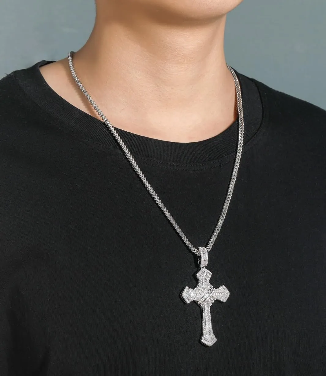 Sterling Silver and Stainless Steel Cross Necklace with Large Silver Pendant Chain, Hip Hop Style, Inlaid with Sparkling Cubic Zirconia, Fashion Statement Jewelry for Men and Women, Perfect for Any Occasion