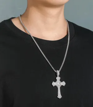 Sterling Silver and Stainless Steel Cross Necklace with Large Silver Pendant Chain, Hip Hop Style, Inlaid with Sparkling Cubic Zirconia, Fashion Statement Jewelry for Men and Women, Perfect for Any Occasion