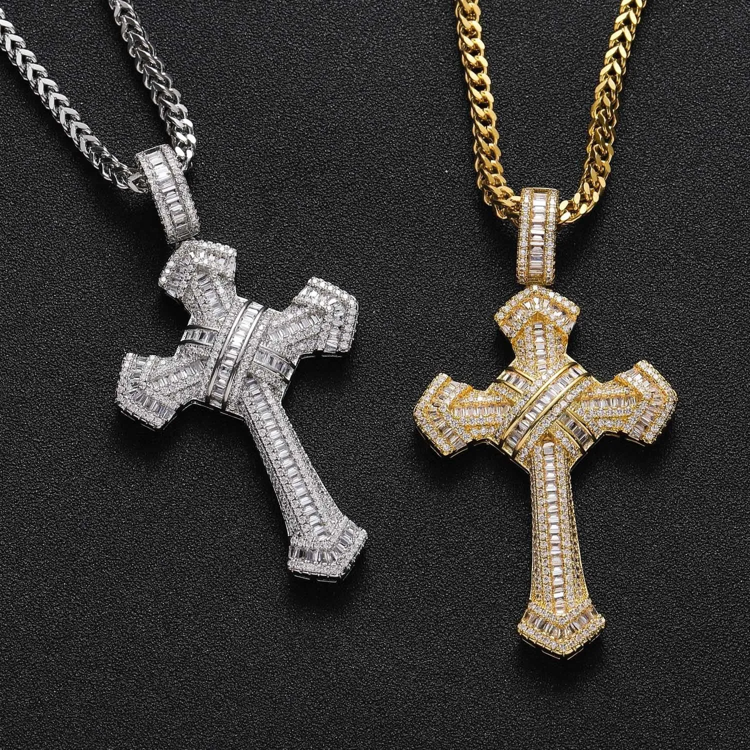 Sterling Silver and Stainless Steel Cross Necklace with Large Silver Pendant Chain, Hip Hop Style, Inlaid with Sparkling Cubic Zirconia, Fashion Statement Jewelry for Men and Women, Perfect for Any Occasion