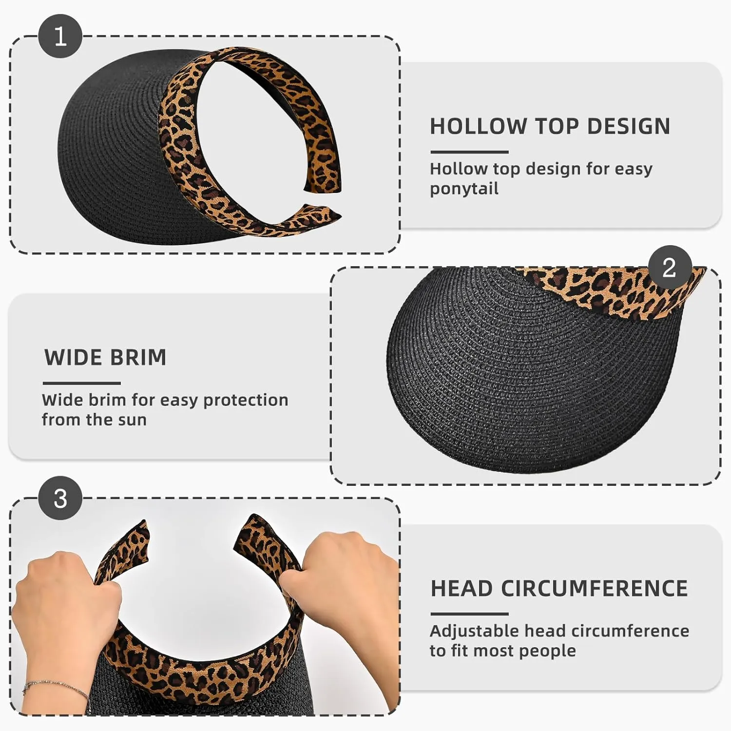 Sun Visor, Ladies Ponytail Wide Brim Straw Headband Visors, Summer Beach Travel Shade Hat with UV Protection for Women