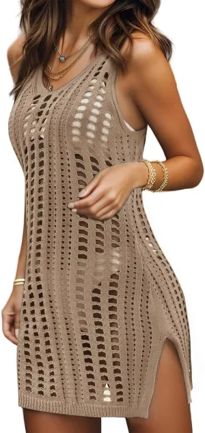 Swimsuit Coverup for Women Bathing Suit Cover ups Crochet Beach Tank Dress Hollow Out Slit Bikini Cover Up Sleeveless Dresses