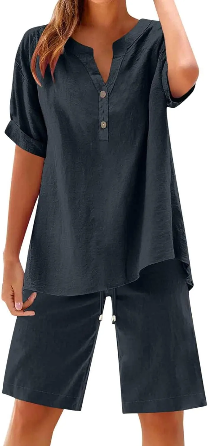 Womens 2 Piece Outfits Two Piece Lounge Set Short Sleeve Tunic Top and Drawstring Shorts Casual Summer Loungewear