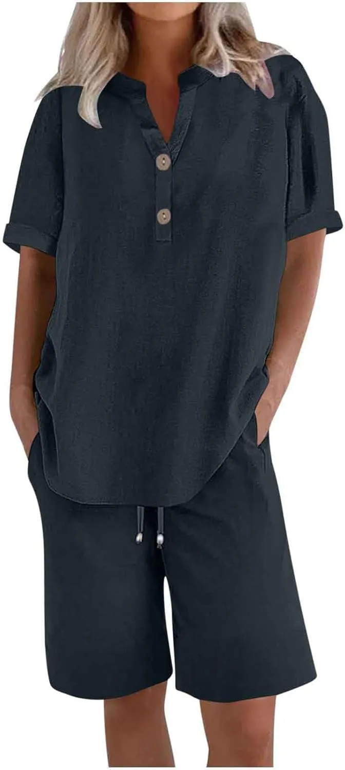 Womens 2 Piece Outfits Two Piece Lounge Set Short Sleeve Tunic Top and Drawstring Shorts Casual Summer Loungewear