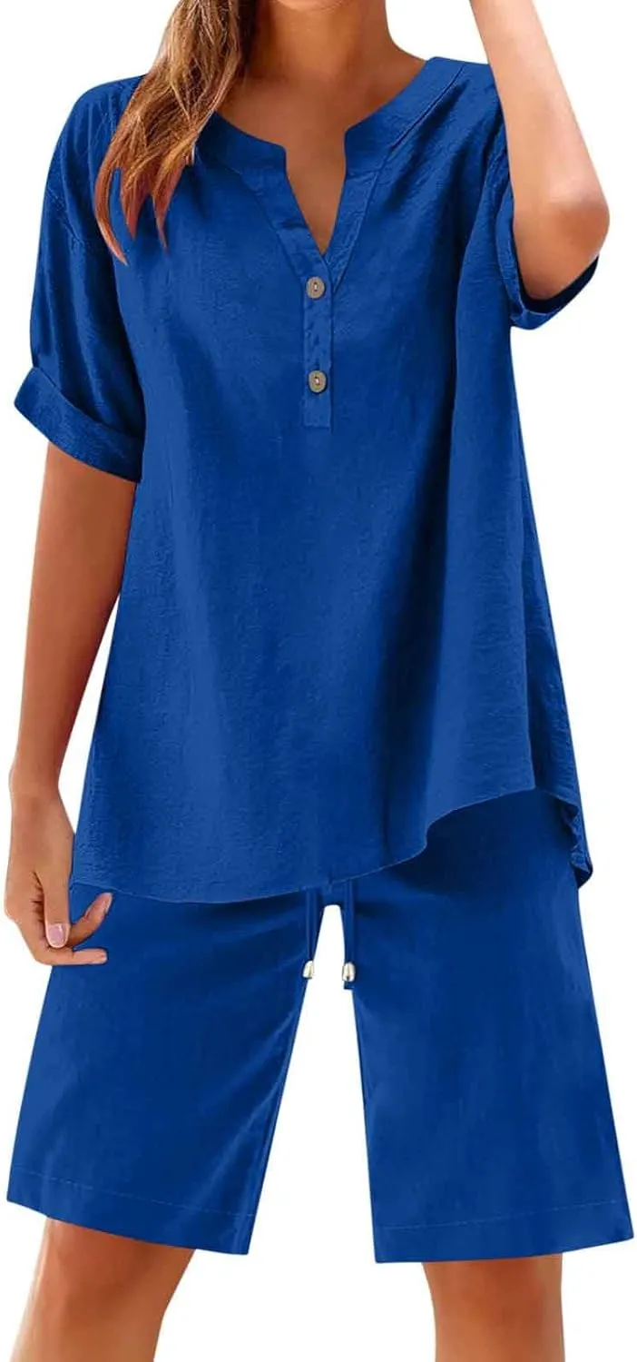 Womens 2 Piece Outfits Two Piece Lounge Set Short Sleeve Tunic Top and Drawstring Shorts Casual Summer Loungewear
