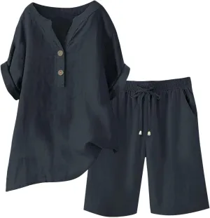 Womens 2 Piece Outfits Two Piece Lounge Set Short Sleeve Tunic Top and Drawstring Shorts Casual Summer Loungewear