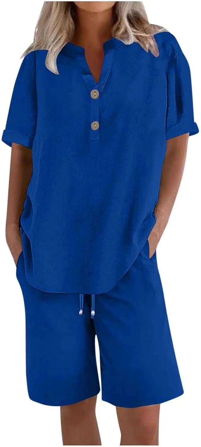 Womens 2 Piece Outfits Two Piece Lounge Set Short Sleeve Tunic Top and Drawstring Shorts Casual Summer Loungewear