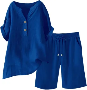 Womens 2 Piece Outfits Two Piece Lounge Set Short Sleeve Tunic Top and Drawstring Shorts Casual Summer Loungewear
