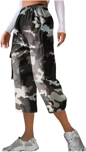 Women's Cargo Capris Hiking Pants Lightweight Outdoor Athletic Travel Casual Loose Fit Camouflage Pants with Pockets