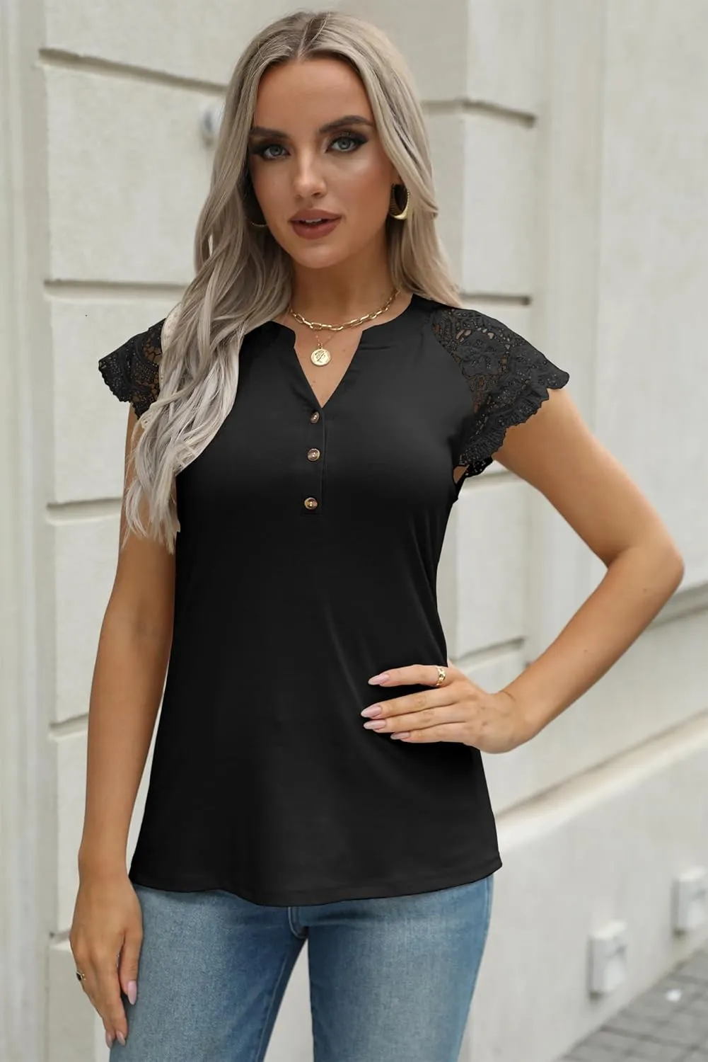 Women's Tank Tops Lace Cap Sleeve Button Down V Neck Summer Casual Loose Fit 2025 Trendy Cute Sleeveless Shirts Blouse