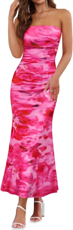 ZESICA Womens Boho Floral Strapless Maxi Dress 2025 Summer Off Shoulder Bodycon Beach Party Long Dresses